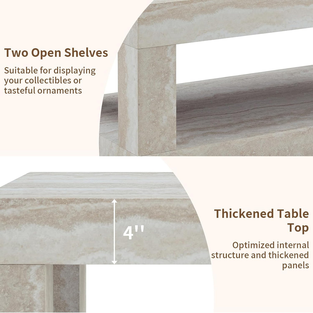 LKTART 39.37' Faux Travertine Stone Coffee Table with Storage, 2-Tier Mid Century Rectangular Accent Table with Thick Tabletop, Rustic Style Cocktail, Center Table for Living Room, Office(Beige)