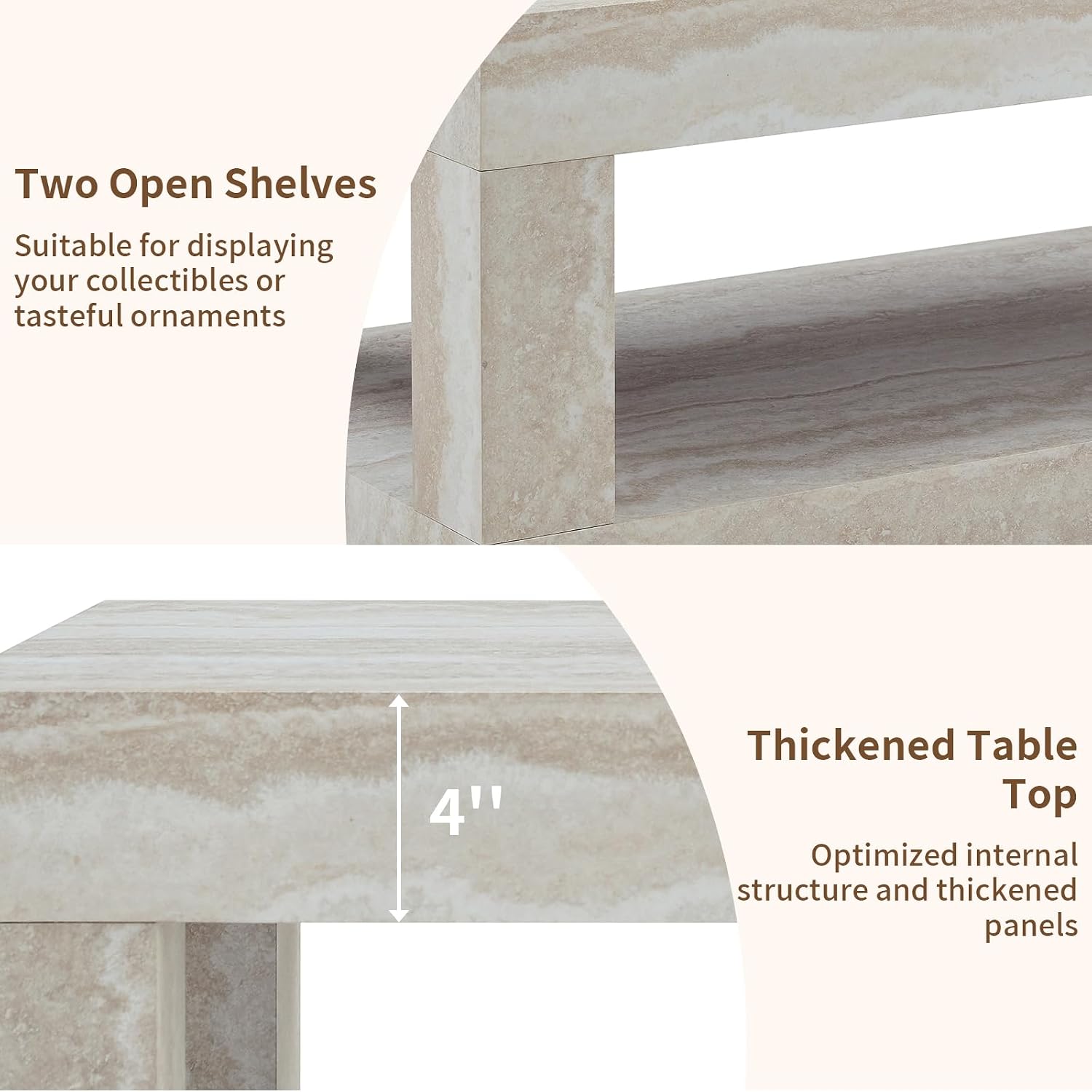 LKTART 39.37' Faux Travertine Stone Coffee Table with Storage, 2-Tier Mid Century Rectangular Accent Table with Thick Tabletop, Rustic Style Cocktail, Center Table for Living Room, Office(Beige)