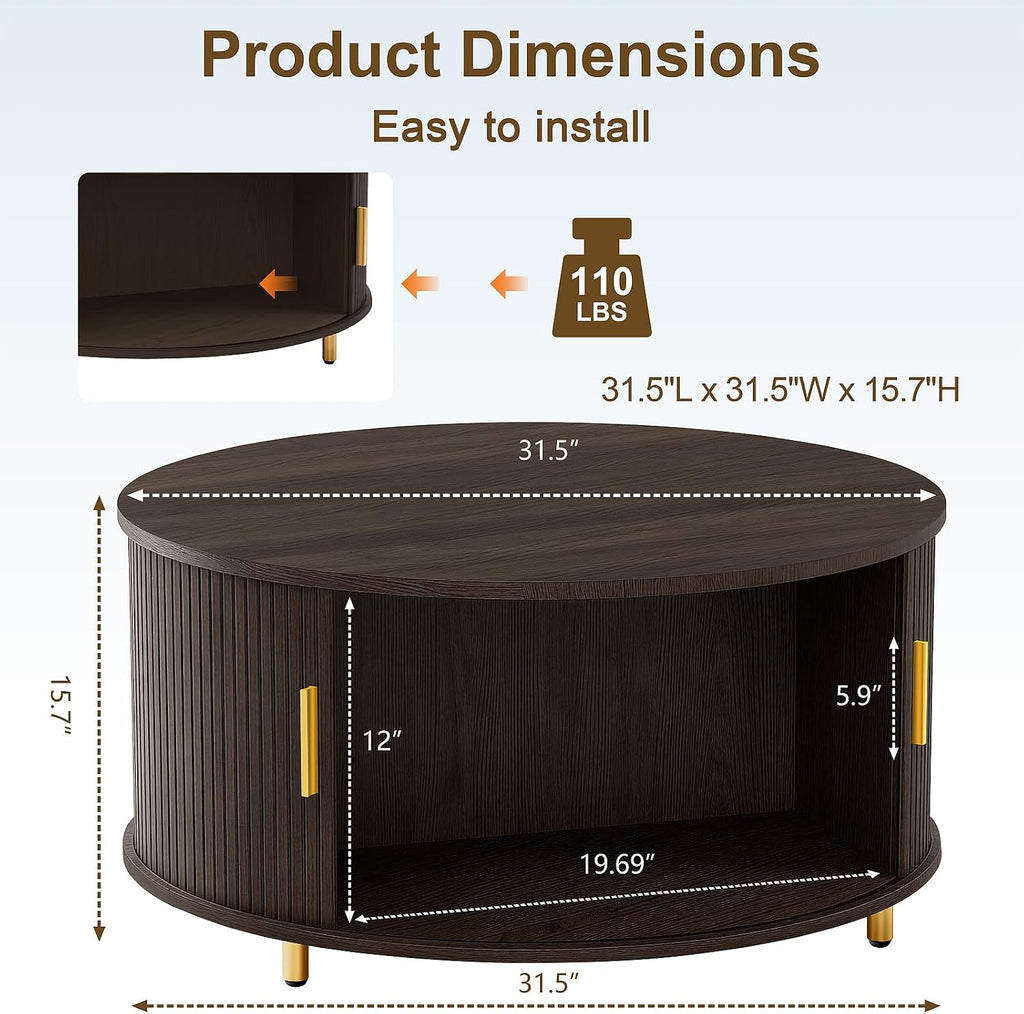 DHH Round Coffee Table, 31.5' Mid Century Modern Coffee Table with 360° Sliding Tambour Door, Fluted Accent Coffee Table with Storage Adjustable Footpads for Living Room (Dark Walnut)