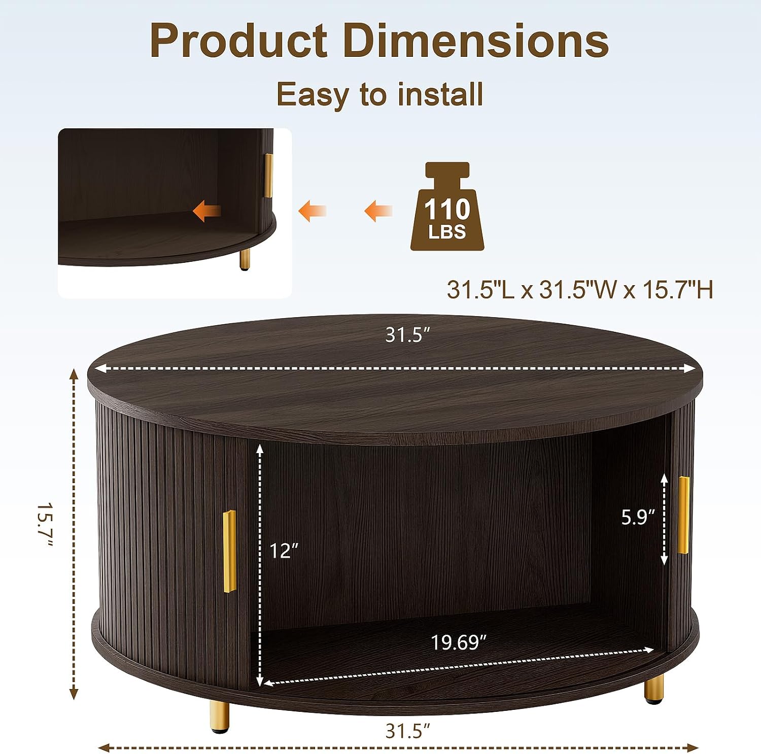 DHH Round Coffee Table, 31.5' Mid Century Modern Coffee Table with 360° Sliding Tambour Door, Fluted Accent Coffee Table with Storage Adjustable Footpads for Living Room (Dark Walnut)