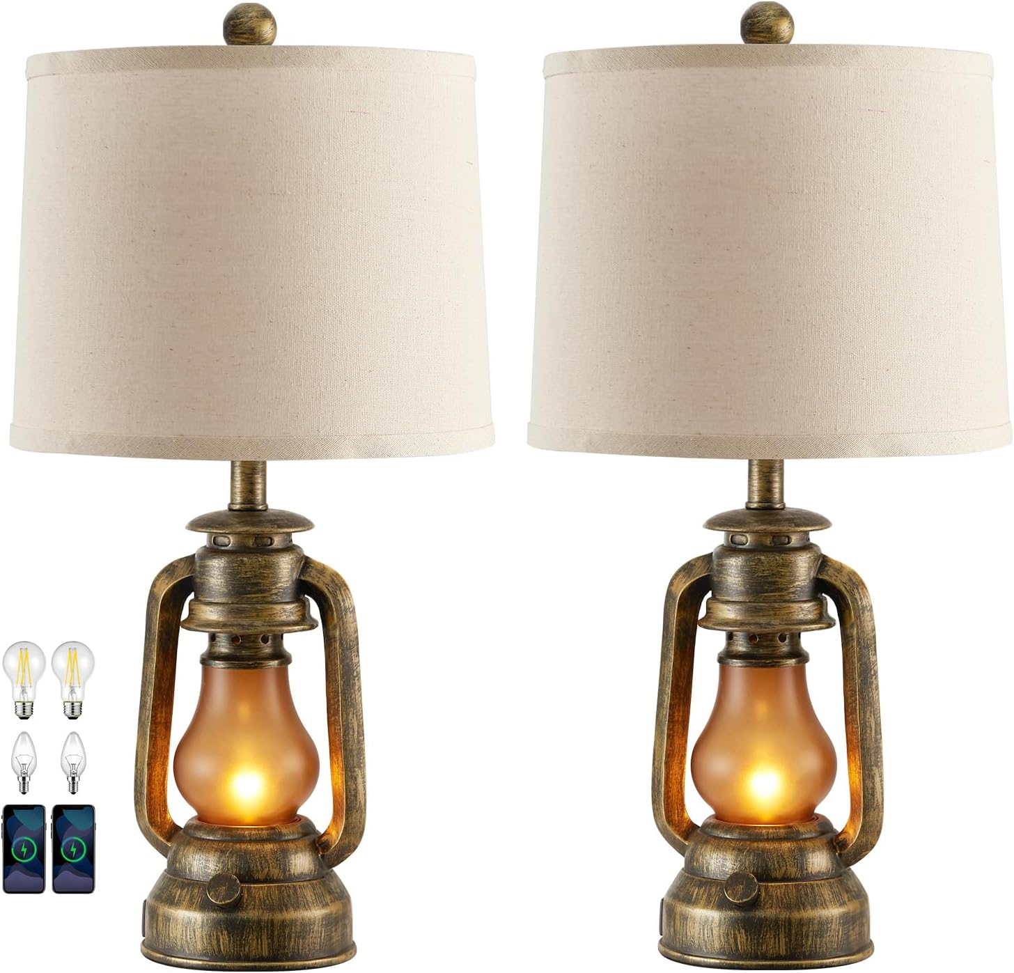 Set of 2 Farmhouse Lantern Table Lamps for Living Room with 2 USB Charging Ports, Rustic Vintage Nightstand Lamps with Nightlight for Bedroom End Table Entryway, 4 Bulb Included