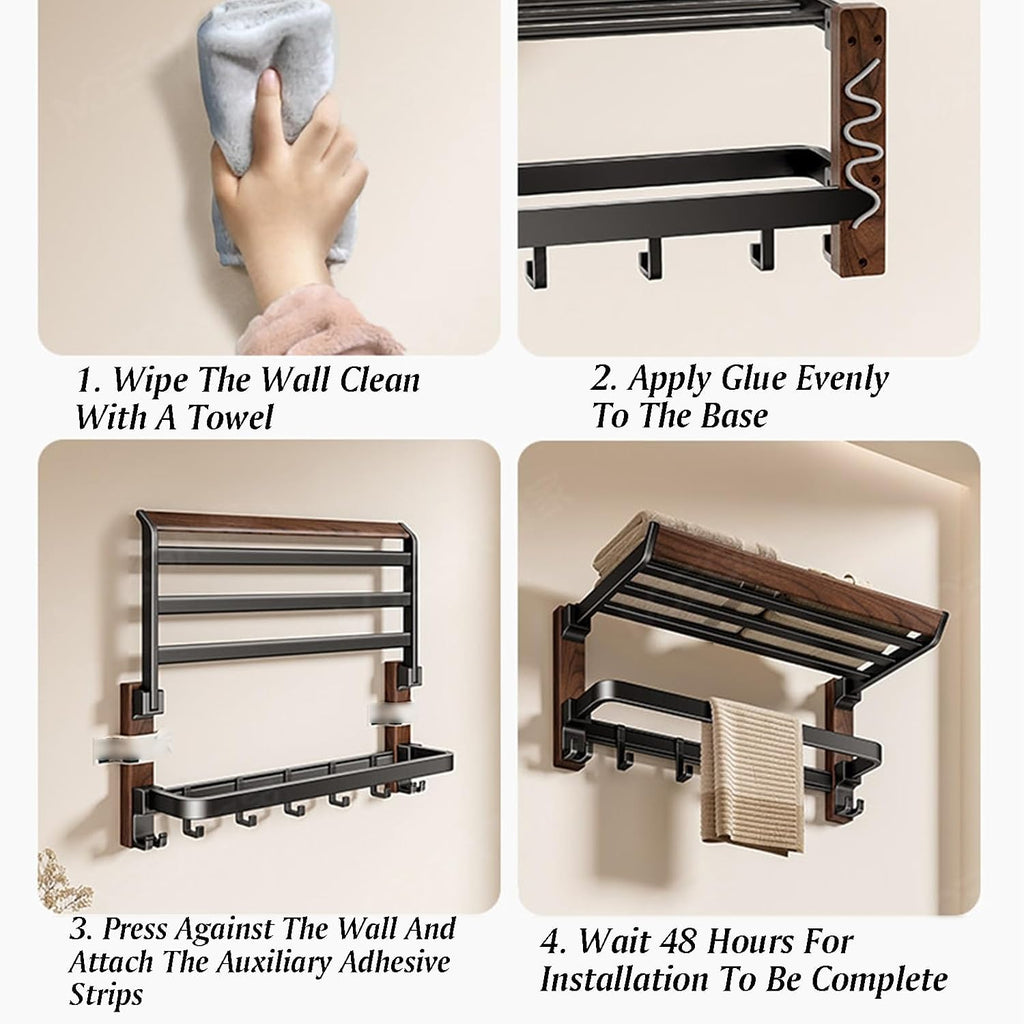 Towel Rack,Space Aluminum+Solid Wood Double Layer Bar Wall Mounted,with Double Foldable Shelf,Mesh Basket and Hooks,for Bedroom Bathroom Kitchen(20.3x25.4x50cm)