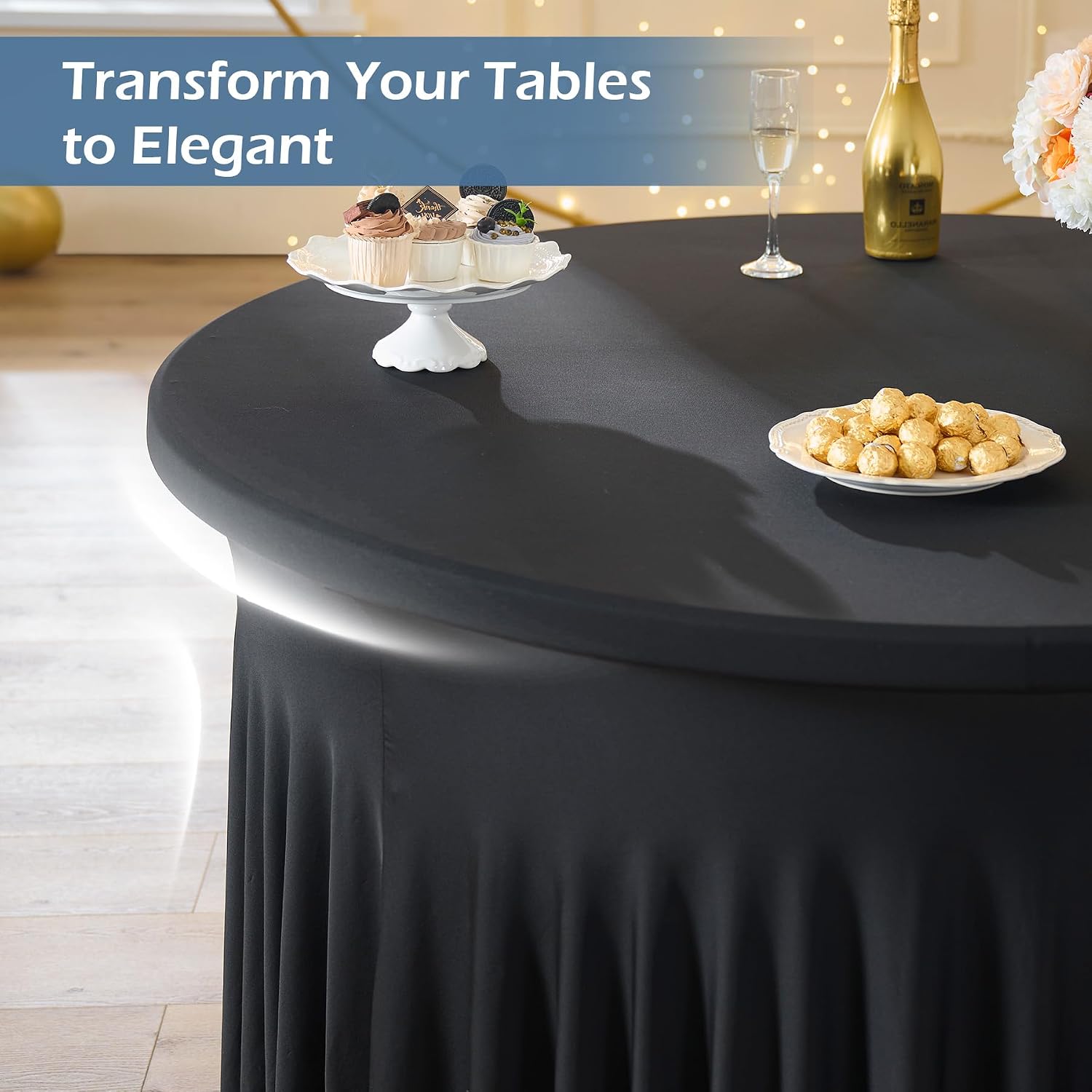 6 pk Black Spandex Round Tablecloth 72 in with Ruffled Skirt,Wrinkle Free High-Stretch 132 inch Fitted 6ft Table Cloths Round Elastic Spandex Table Covers 6ft for Party Banquet Graudation Dinning