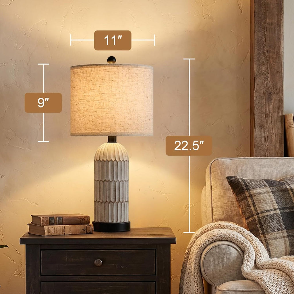 OYEARS 22.5' Bedside Table Lamps Set of 2, Farmhouse Table Lamp with USB A+C Charging Ports,Vintage Nightstand Lamp for Bedrooms and Living Rooms, Retro Resin End Table Lamp with Linen Shade, Black