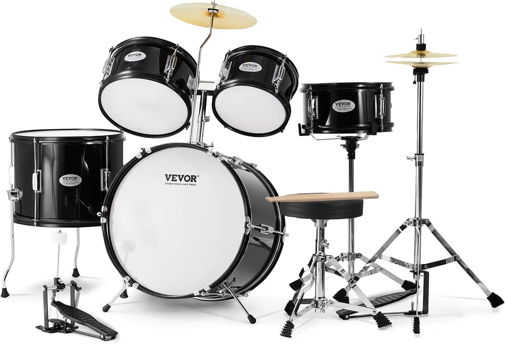 VEVOR Kids Drum Set, 5 Piece 16in Beginner Youth Full Drum Set with Bass Toms Snare Floor Drum Adjustable Throne Cymbal Hi-Hat Pedal and Two Pairs of Drumsticks, Starter Drum Kit for Child Kids, Black