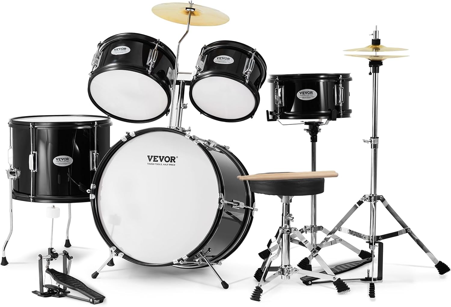 VEVOR Kids Drum Set, 5 Piece 16in Beginner Youth Full Drum Set with Bass Toms Snare Floor Drum Adjustable Throne Cymbal Hi-Hat Pedal and Two Pairs of Drumsticks, Starter Drum Kit for Child Kids, Black