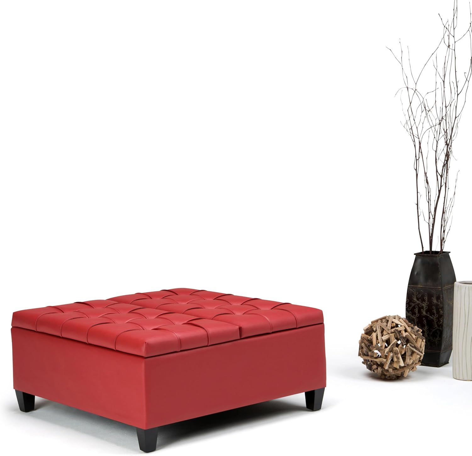 SIMPLIHOME Harrison Coffee Table Storage Ottoman - 36 inch Wide Upholstered Vegan Leather Square Lift-Top Ottoman in Crimson Red, Transitional Ottoman for Living Room with Hidden Storage