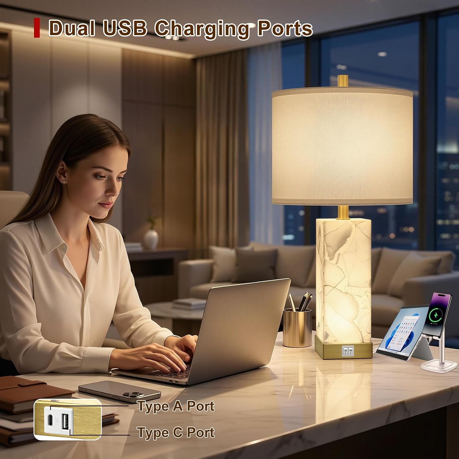 Scenekoy 23' Alabaster Table Lamps Set of 2 for Living Room Bedroom, Bedside Lamps with USB A+C Ports, Modern Table Lamp with Linen Shade for Living Room Bedroom Nightstand (Bulbs Included)