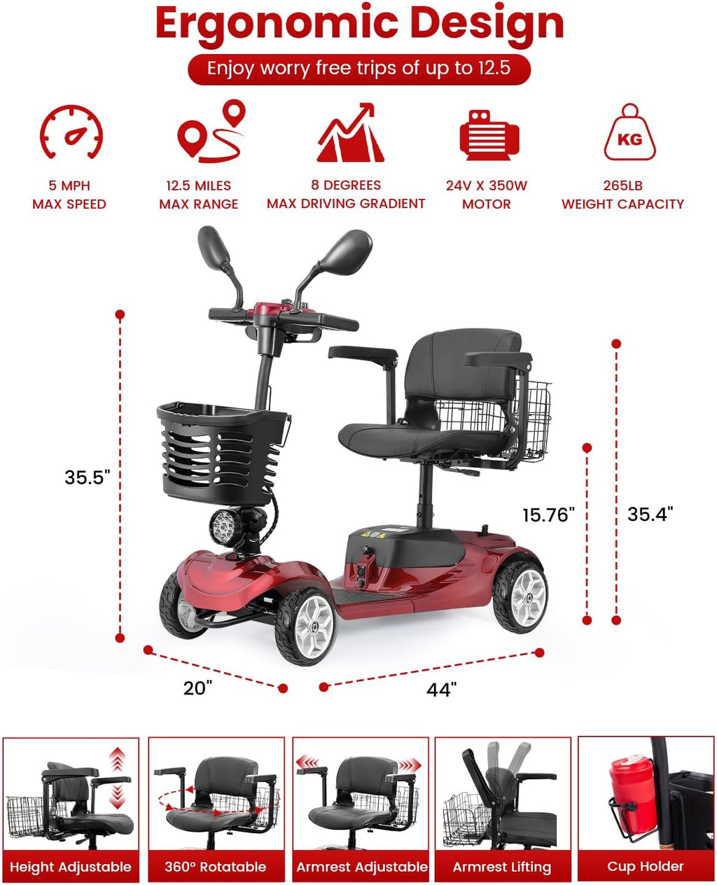 4 Wheel Mobility Scooter for Adults, All-Terrain Portable Electric Scooter, Folding Mobility Scooter with Adjustable Seat, 350W Motor, 12.5 Miles Range, Max Speed 5 Mph (Red)