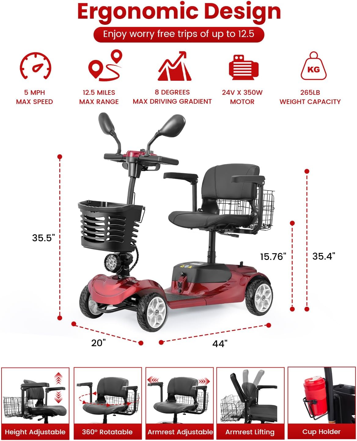4 Wheel Mobility Scooter for Adults, All-Terrain Portable Electric Scooter, Folding Mobility Scooter with Adjustable Seat, 350W Motor, 12.5 Miles Range, Max Speed 5 Mph (Red)