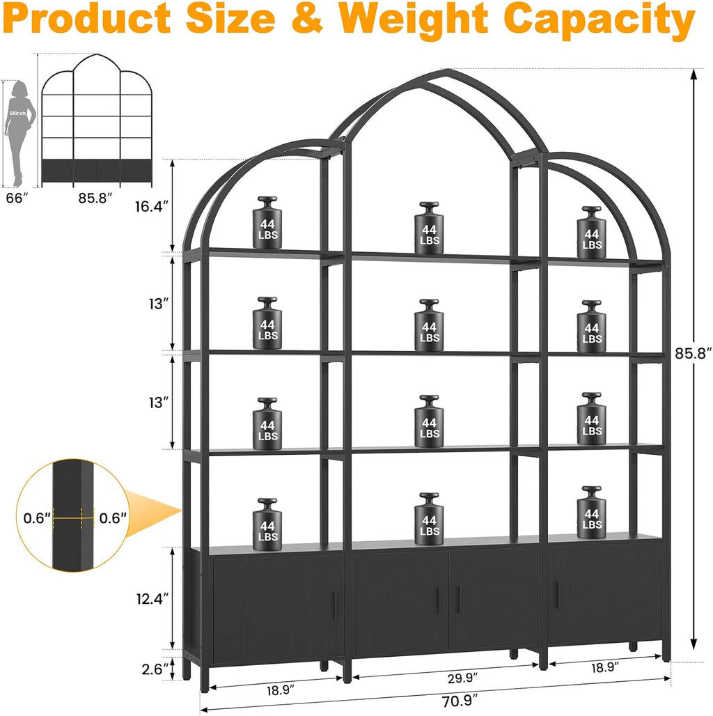 85.8' Tall Arched Bookshelf with Door, 5-Tier Etagere Bookcase with Storage Cabinet Shelf, Triple Wide Industrial Bookshelf, Free Standing Display Shelf for Living Room Home Office, Black