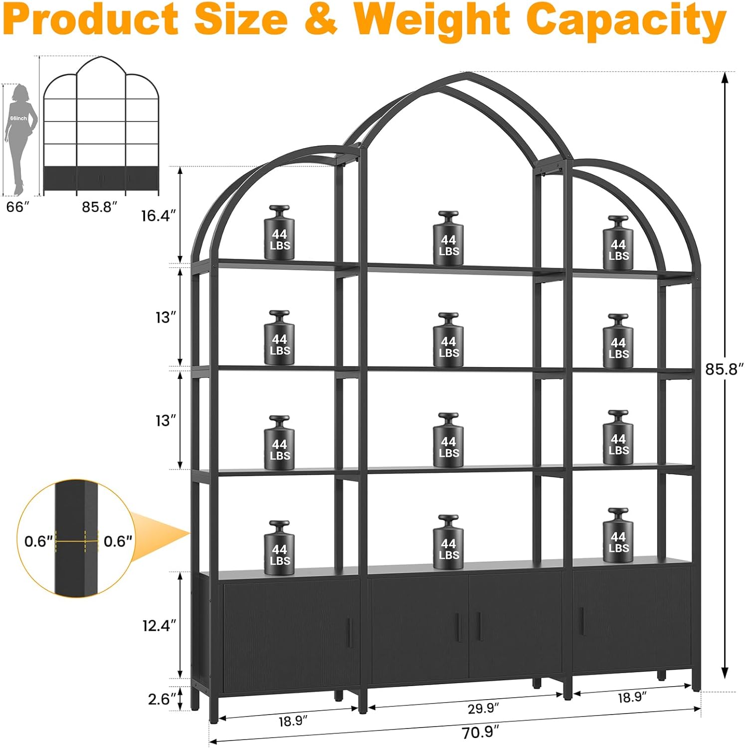 85.8' Tall Arched Bookshelf with Door, 5-Tier Etagere Bookcase with Storage Cabinet Shelf, Triple Wide Industrial Bookshelf, Free Standing Display Shelf for Living Room Home Office, Black