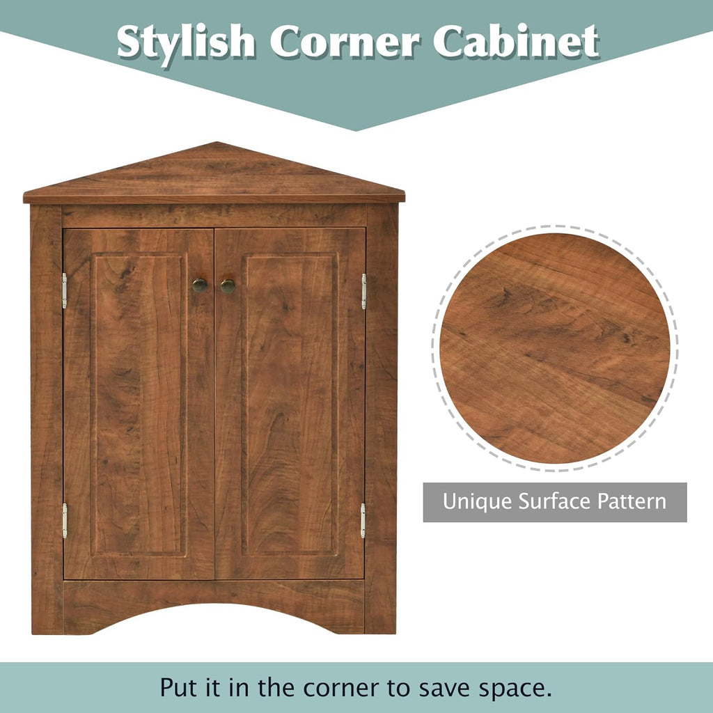 Knocbel 31.5' Height Corner Floor Storage Cabinet with Brushed Nickel Knobs, 2 Doors and Adjustable Shelves, Bathroom Pantry Corridor Free Standing Triangle Organizer Unit (Brown)