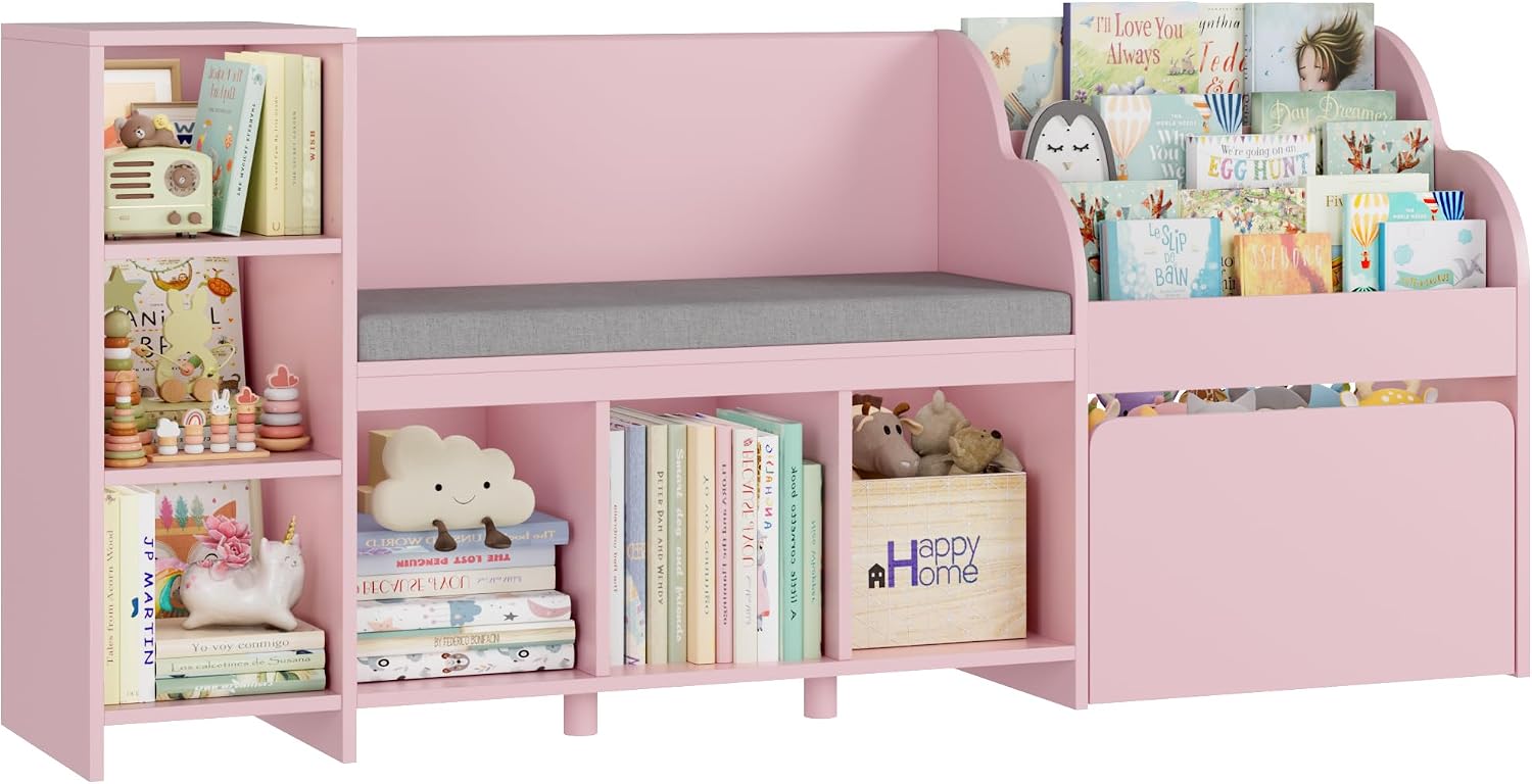 HOSTACK 67' W Kids Reading Nook with Toy Storage Organizer, Large Kids Bookshelf with Toy Storage Box on Wheels, Big Kid Bookcase with Bench and 6 Open Cubbies for Playroom, Kid Room, Pink