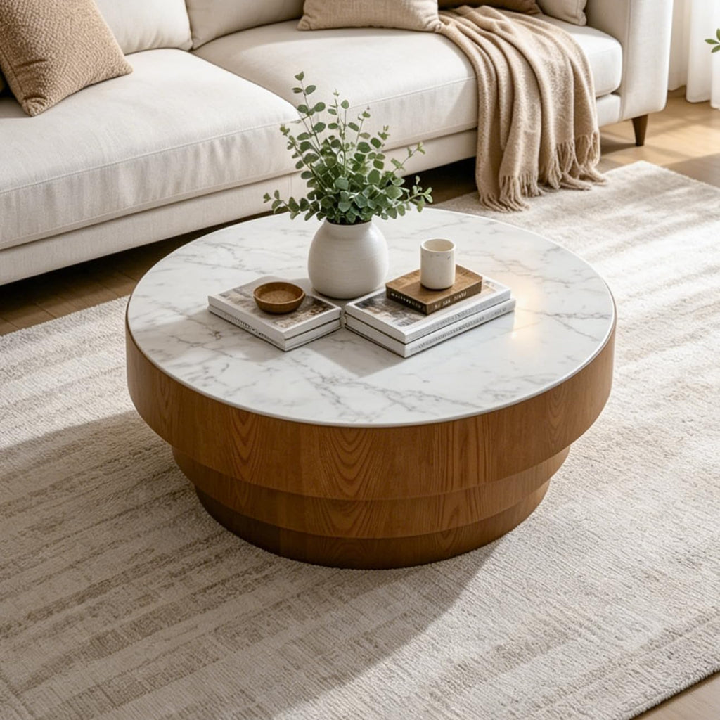31.5' Round Marble Coffee Table for Living Room, Mid-Century Modern Coffee Table with White Sintered Stone Top and Stable Wood Pedestal Base, Drum Cocktail Center Tea Tables for Bedroom Apartment