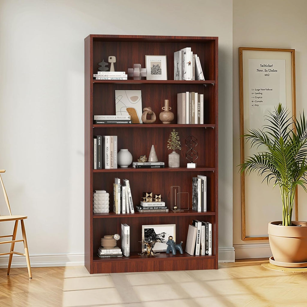 Farini 60 Inch Tall 5-Shelf Bookcase, Wood Bookshelf Storage Organizer Adjustable Shelf for Home Office, Study Room, Easy Assembly,Mahogany