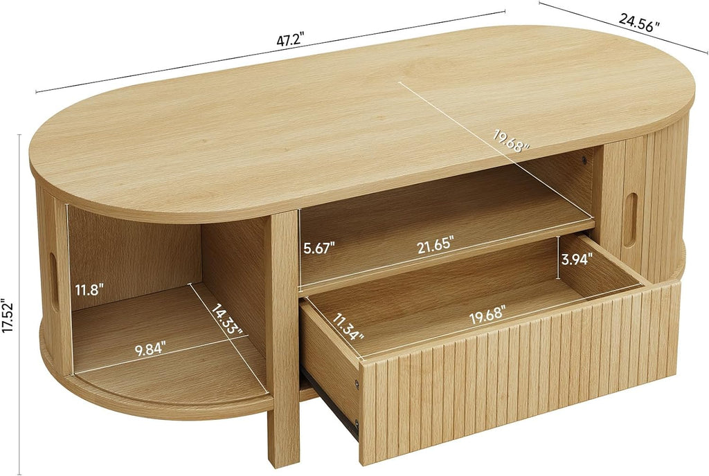 ONBRILL 47.2 Inch Oval Coffee Table with Storage, Mid Century Modern Coffee Table with Drawer, Center Table with Sliding Door and Wood Fluted Handle for Living Room, Oak