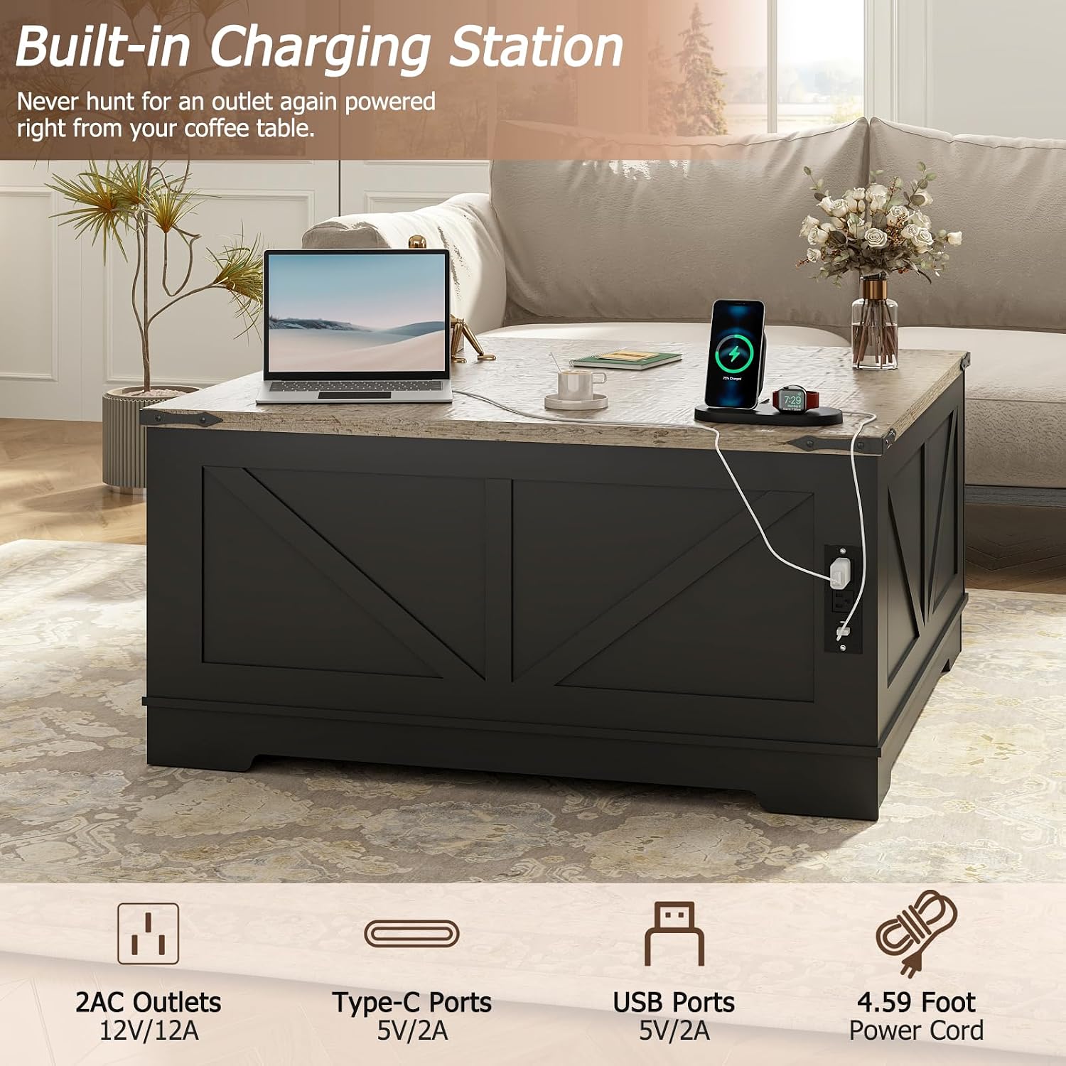 EAG 40' Large Farmhouse Lift Top Coffee Table with Hidden Compartment & Power Outlets, Square Wooden Coffee Table with Multi-Function Flip-Top Ample Storage Center Table for Living Room, Black