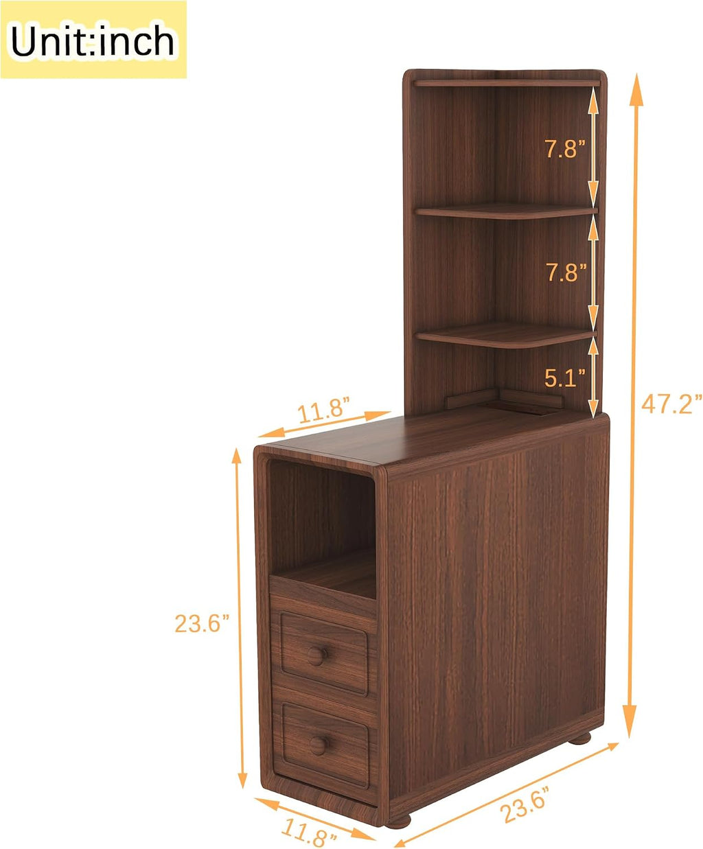 Mirightone Wood End Table Corner Side Table with Drawers & Open Shelves, Tall Sofa Side Table, Narrow Tables Bedside Table Nightstands with Charging Station for Living Room, Bedroom (Walnut)