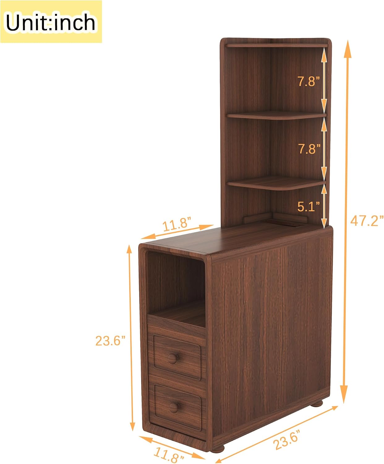 Mirightone Wood End Table Corner Side Table with Drawers & Open Shelves, Tall Sofa Side Table, Narrow Tables Bedside Table Nightstands with Charging Station for Living Room, Bedroom (Walnut)
