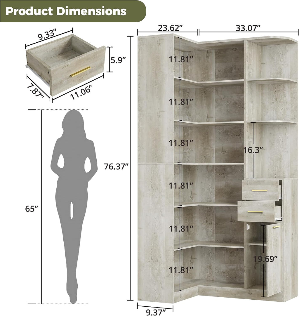 IRONCK Corner Bookshelf, 76' Tall Corner Bookshelves, 6 Tiers L-Shaped Bookcase with 10 Open Shelves and 2 Storage Drawers for Living Room or Home Office