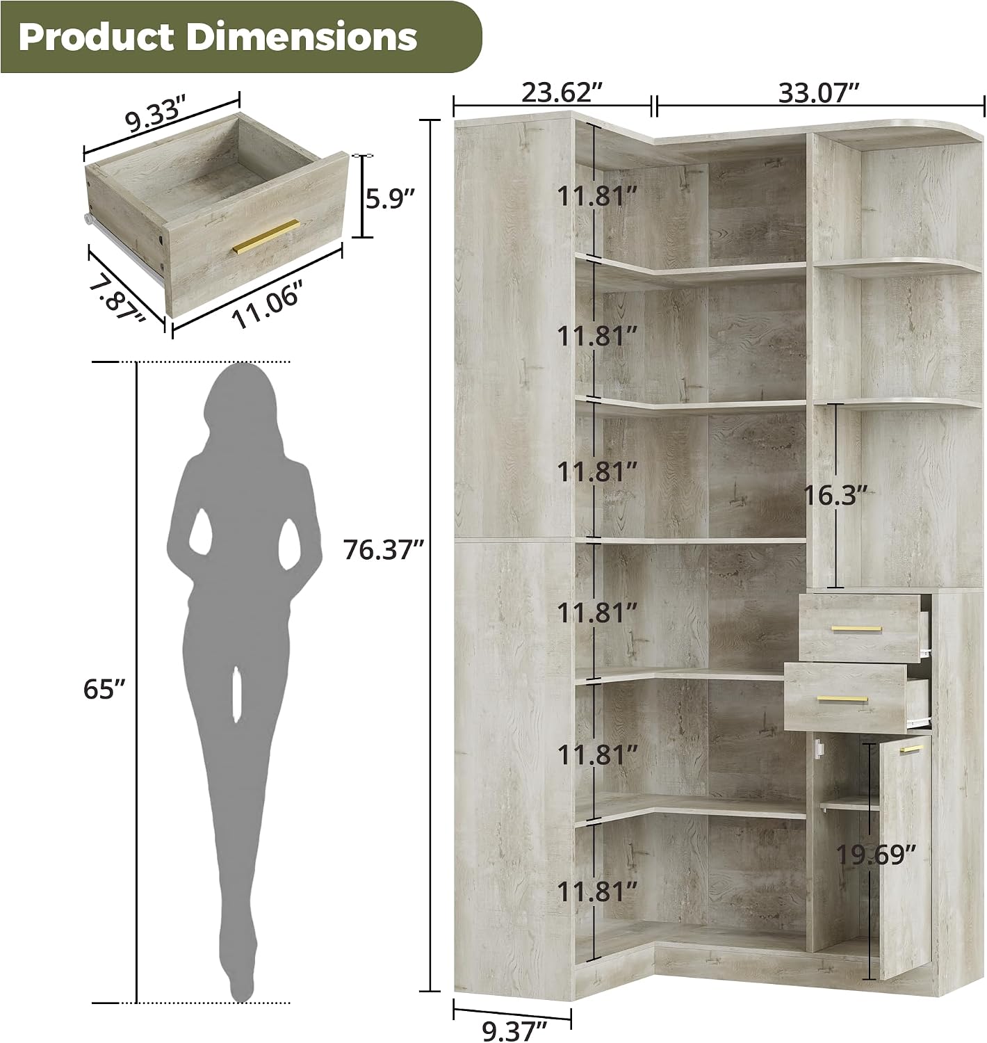 IRONCK Corner Bookshelf, 76' Tall Corner Bookshelves, 6 Tiers L-Shaped Bookcase with 10 Open Shelves and 2 Storage Drawers for Living Room or Home Office