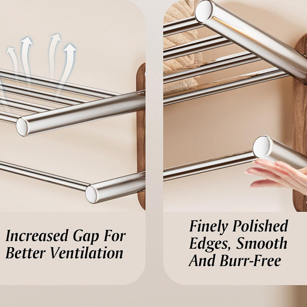 Stainless Steel+Solid Wood Towel Rack,Double Layer Bar Wall Mounted,Two Installation Methods,Bathroom Accessories,for Bedroom Bathroom Kitchen(17x18.7x50cm)