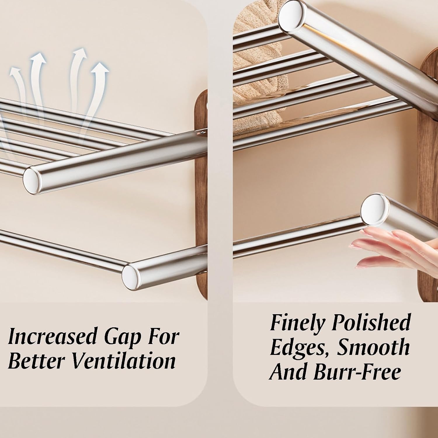 Stainless Steel+Solid Wood Towel Rack,Double Layer Bar Wall Mounted,Two Installation Methods,Bathroom Accessories,for Bedroom Bathroom Kitchen(17x18.7x50cm)