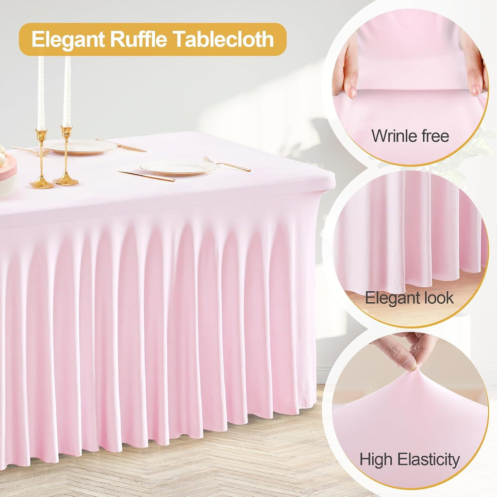 PARTISKY 6 Pack Pink Table Cover for Rectangle Tables 8ft,One-Piece Spandex Elastic Table Cloth with Skirt for Wedding Folding Table Banquet Baby Shower & Birthday Parties