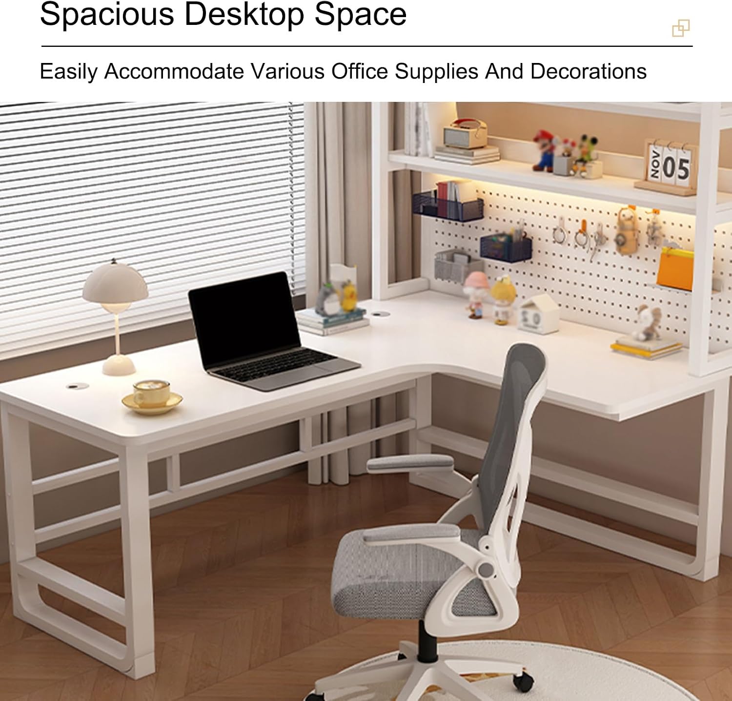 Corner with Storage Shelves, L Shaped Office Desk with Pegboar, Space Saving Writing Desk Writing Workstation Gaming Table for Home Bedroom,Grey-One Size