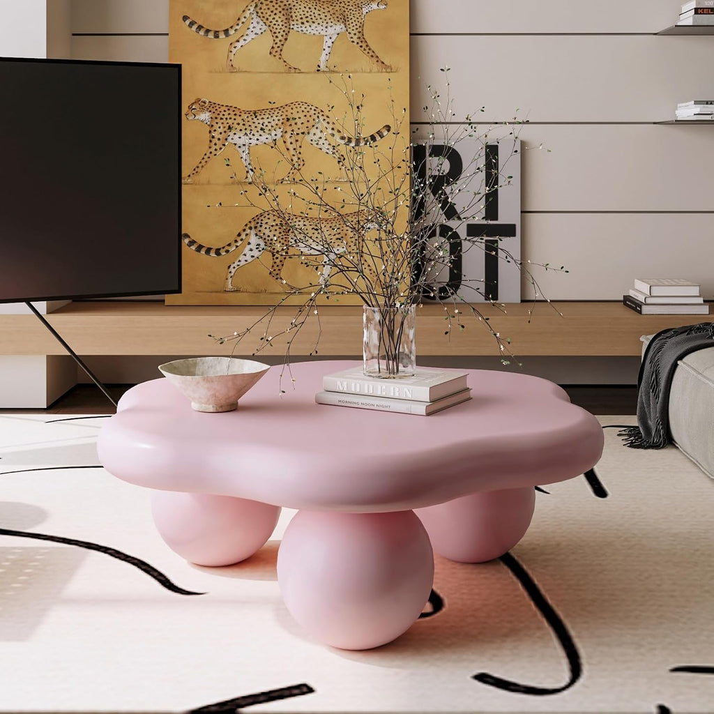 35.03' Cloud Coffee Table for Living Room Unique Coffee Table Modern Low Coffee Tables Cute Center Table with 3 Ball Legs for Small Space Apartment Cream Flower-Pink