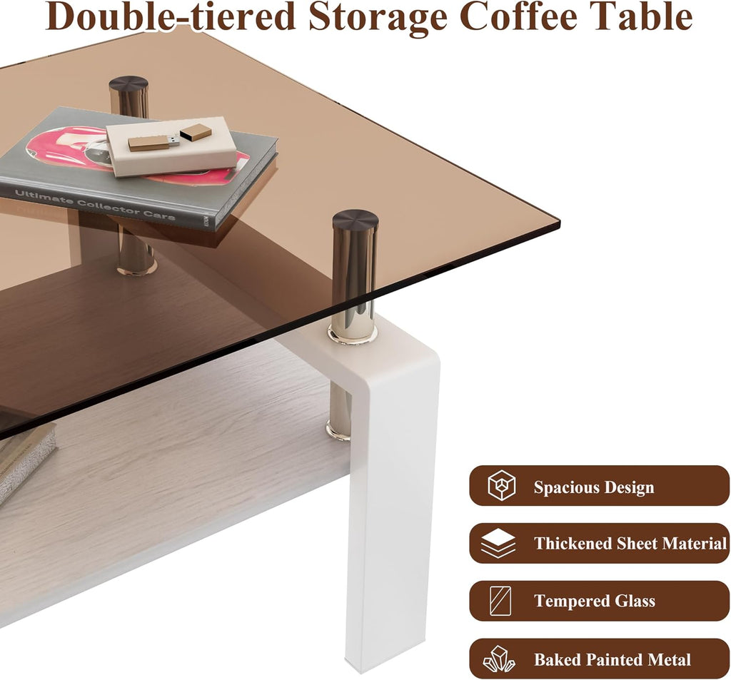 Glass Coffee Table Rectangle Living Room Center Table, with Brown Tempered Glass Tabletop and White MDF Layer,for Living Room and Office, Brown Glass+White