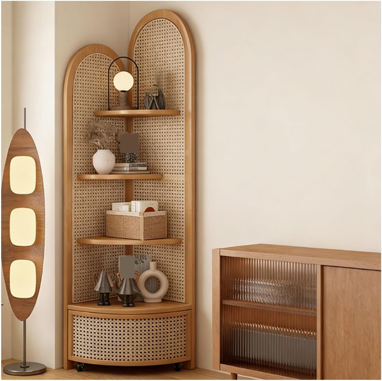 5-Tier Corner Shelf, Multi-Functional Rattan Triangle Bookshelf with Storage Basket, Solid Wood Floor Standing Cabinet for Living Room, Bedroom, Office(Natural)