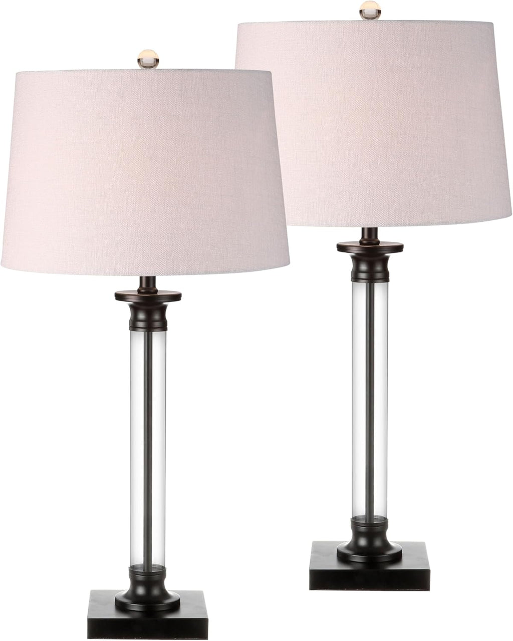 JONATHAN Y 30' Black/Clear Glass and Metal Column Table Lamp Set of 2 for Living Room Bedroom, Traditional Iron Base with White Linen Drum Shade, LED Bulbs Included JYL1008A-SET2