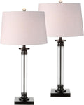 JONATHAN Y 30' Black/Clear Glass and Metal Column Table Lamp Set of 2 for Living Room Bedroom, Traditional Iron Base with White Linen Drum Shade, LED Bulbs Included JYL1008A-SET2