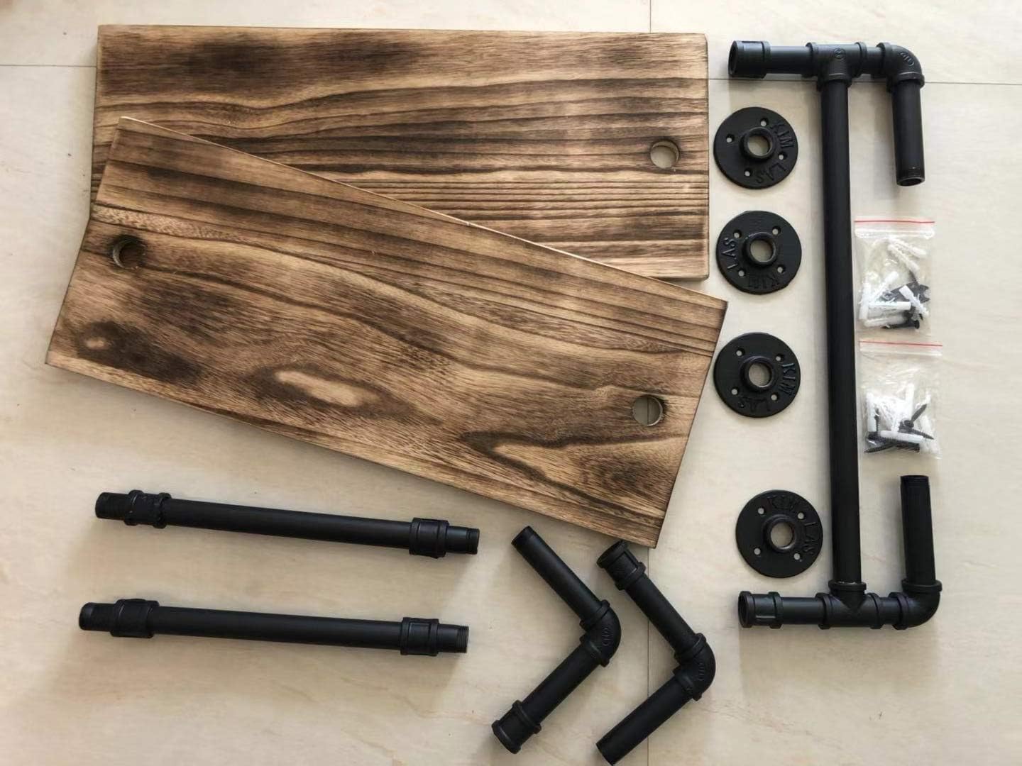 Industrial Pipe Bathroom Shelves Decor Wall Mounted 2 Tiered, Rustic Wood Wall Shelf with Towel Bar, Black Matte Towel Rack, Pipe Floating Shelves Shelving Towel Holder