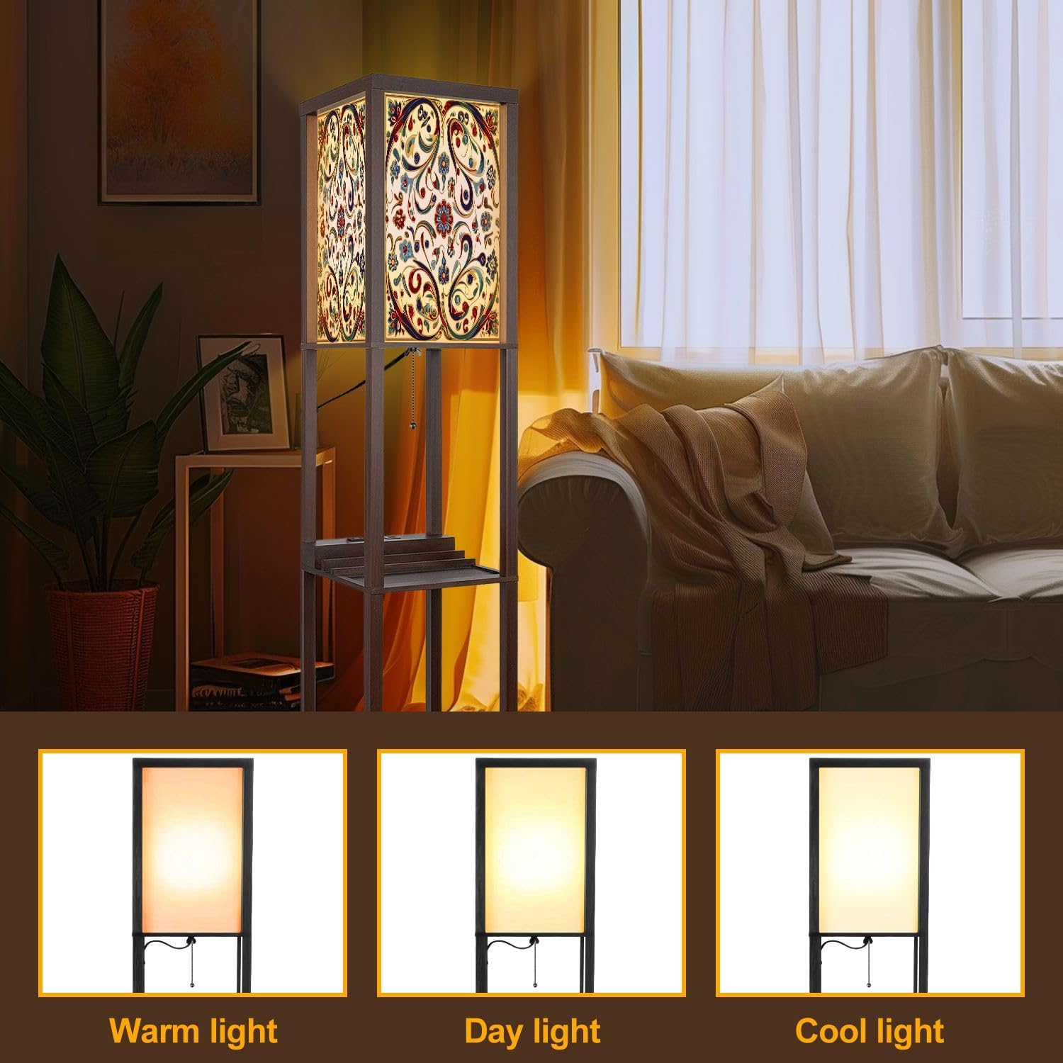 Floor Lamp with Shelves Red Blue Green Turkish Seamless Pattern Luxury Floral Ornament Standing Tall Lamp USB Ports & Power Outlet Modern Corner Lamp Nightstand Light for Living Room Bedroom
