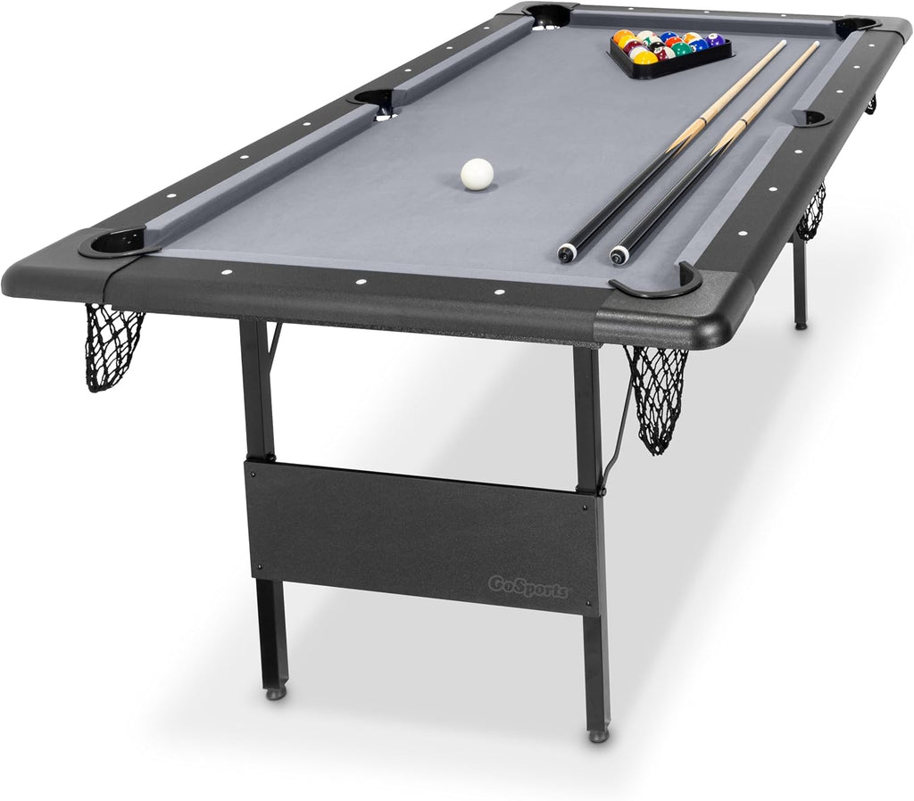 GoSports 6 ft Foldable Pool Tables - Portable Billiards Tables with Accessories - Black with Gray Felt or Oak with Black Felt