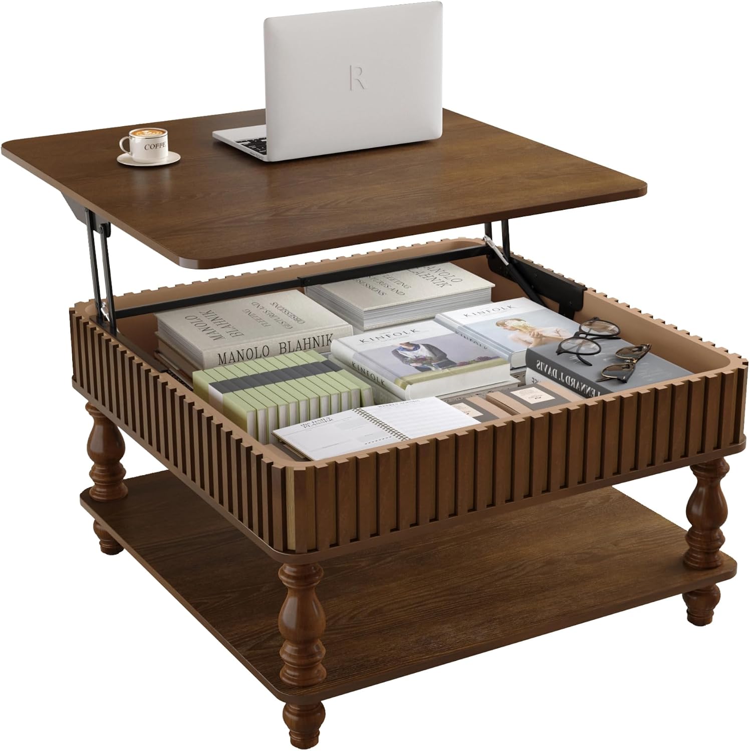 31.50' Square Fluted Lift-Top Coffee Table with Hidden & Open Storage, Modern Center Table with Hydraulic Raising Mechanism, Retro Tea Table with Solid Wood Legs for Living Room Apartment, Walnut