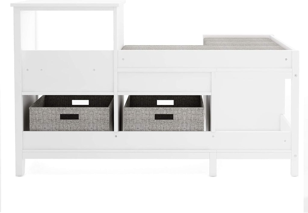 Martha Stewart Kids' Corner Nook - Linen White: Wooden Storage Bench Bookcase Organizer with Seat Cushion and Fabric Bins for Reading in Bedroom or Playroom