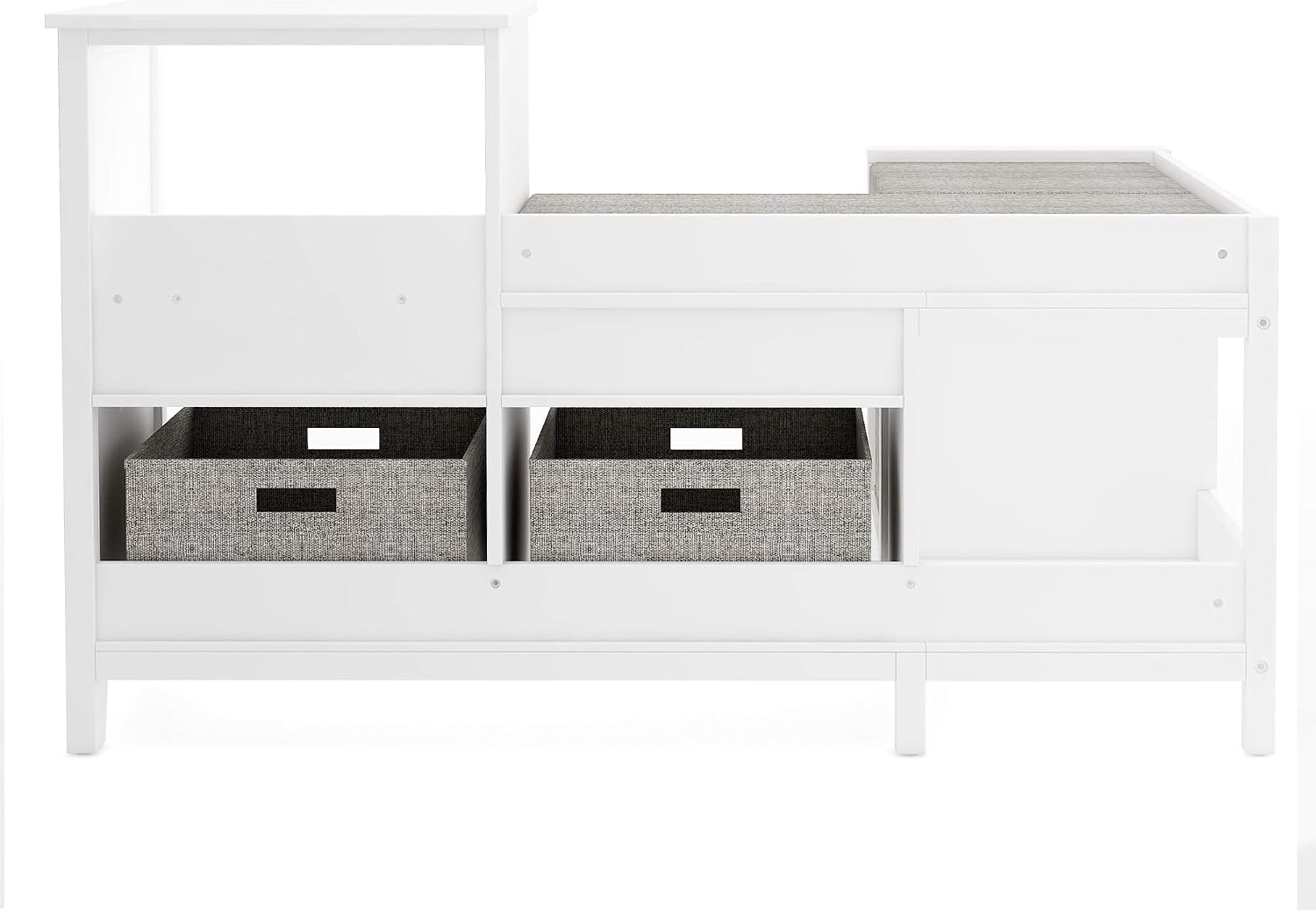 Martha Stewart Kids' Corner Nook - Linen White: Wooden Storage Bench Bookcase Organizer with Seat Cushion and Fabric Bins for Reading in Bedroom or Playroom
