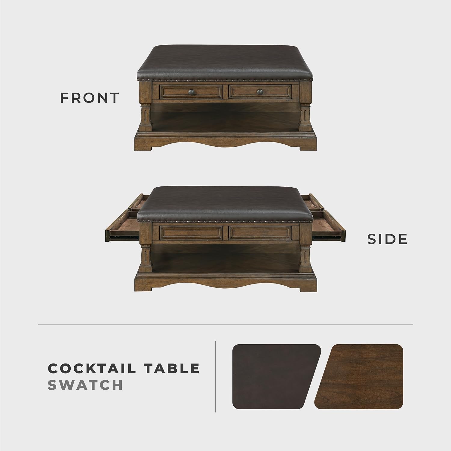 Lexicon 39 Inch Wood Coffee Table with 4 Drawers, Lower Open Shelf, Casters, Square Ottoman Coffee Table, Faux Leather Cocktail Ottoman, Nailhead Trim, Footrest for Living Room, Easy Assembly, Brown