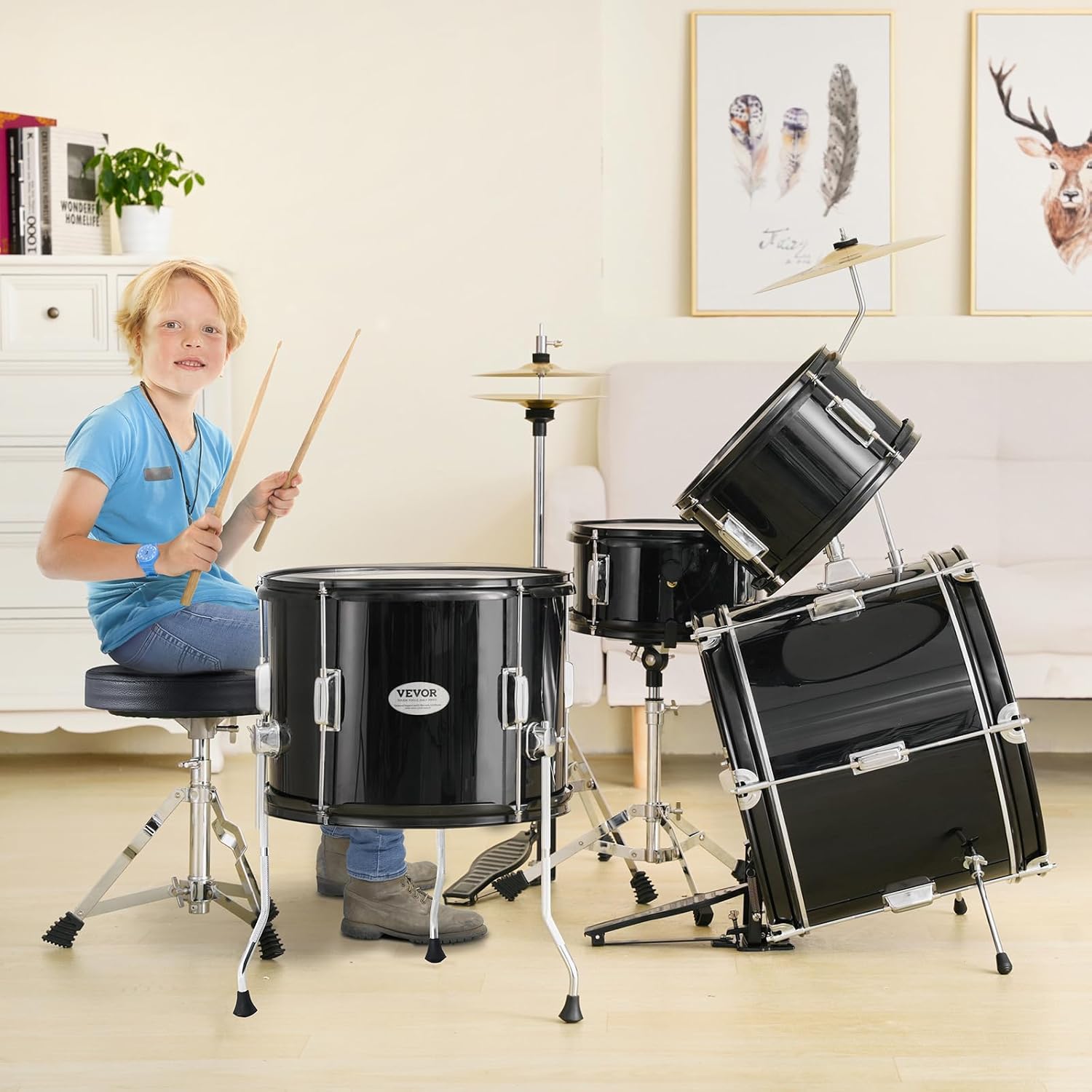 VEVOR Kids Drum Set, 5 Piece 16in Beginner Youth Full Drum Set with Bass Toms Snare Floor Drum Adjustable Throne Cymbal Hi-Hat Pedal and Two Pairs of Drumsticks, Starter Drum Kit for Child Kids, Black