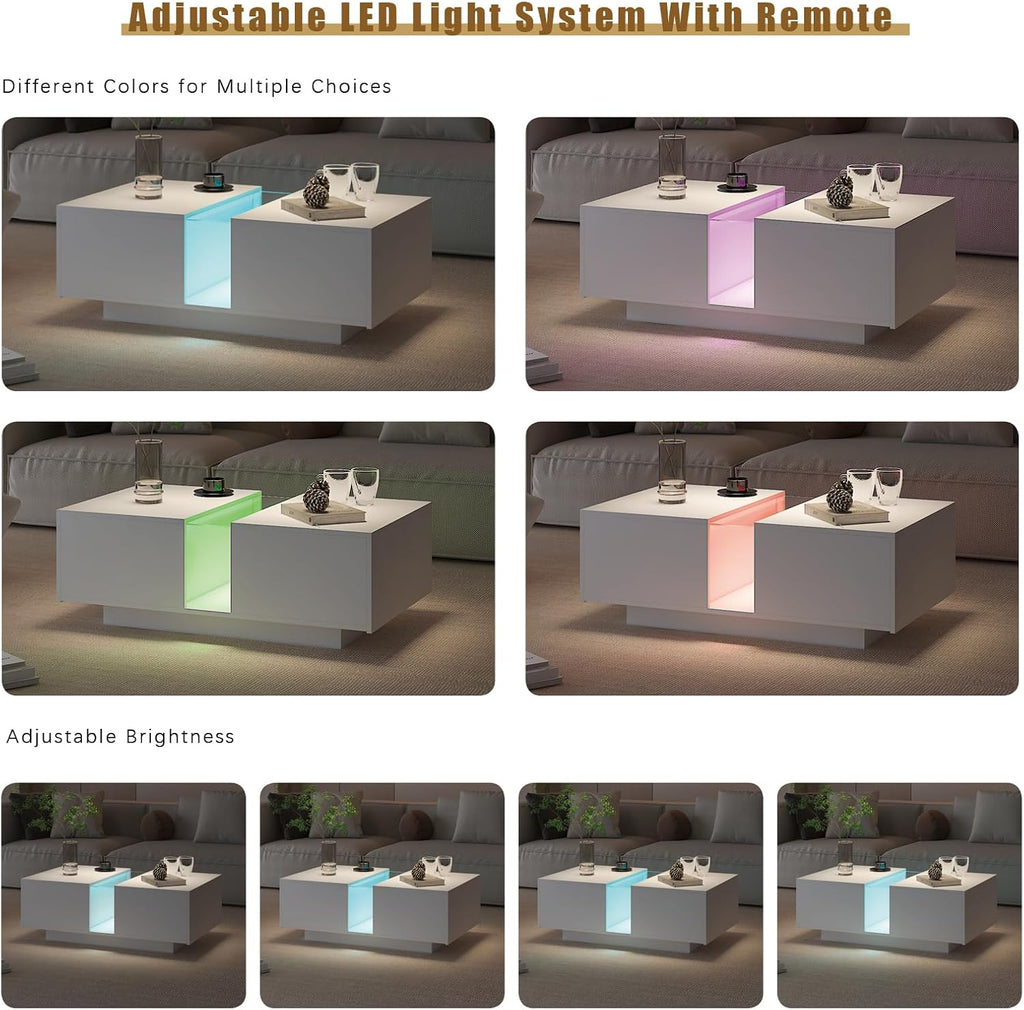HedoAjim White Led Coffee Table for Living Room, Rectangular Living Room Table with Storage, Acrylic Coffee Tables with 2 Sliding Drawers, Wood Center Table for Reception Dinning Room