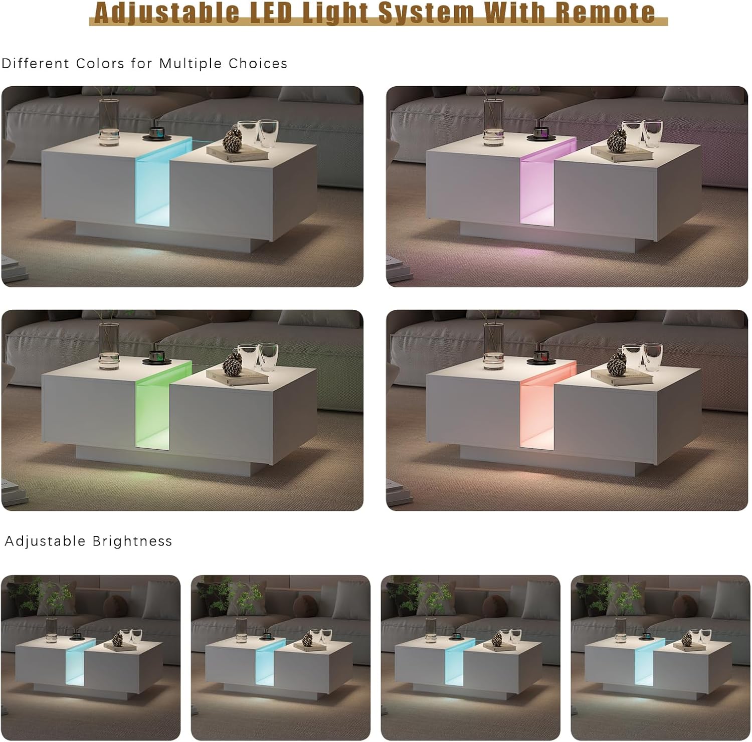 HedoAjim White Led Coffee Table for Living Room, Rectangular Living Room Table with Storage, Acrylic Coffee Tables with 2 Sliding Drawers, Wood Center Table for Reception Dinning Room
