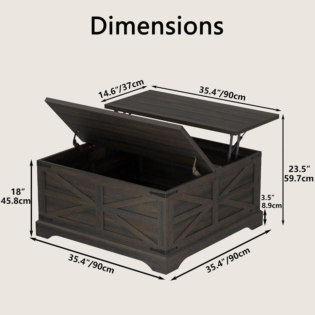 Furnideco 35.5''W Square Coffee Table Farmhouse Lift top Coffee Table with Large Hidden Storage, Wood Center Table for Living Room, Home Office, Dark Brown