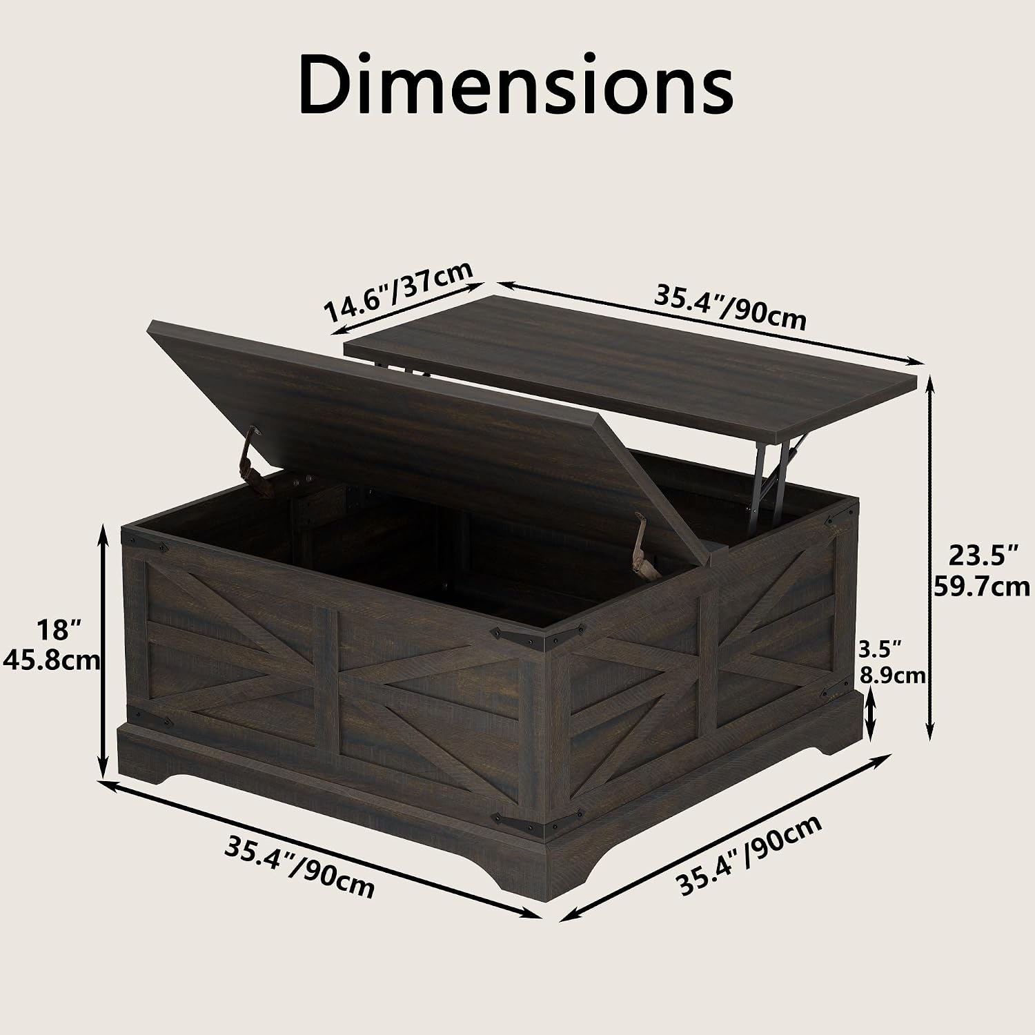 Furnideco 35.5''W Square Coffee Table Farmhouse Lift top Coffee Table with Large Hidden Storage, Wood Center Table for Living Room, Home Office, Dark Brown