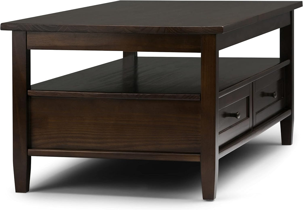 SIMPLIHOME Warm Shaker Coffee Table - 48 inch Wide Solid Wood Coffee Table in Tobacco Brown, Transitional Living Room Table with 2 Drawers, Open Shelf, Shaker Fronts and Tapered Legs