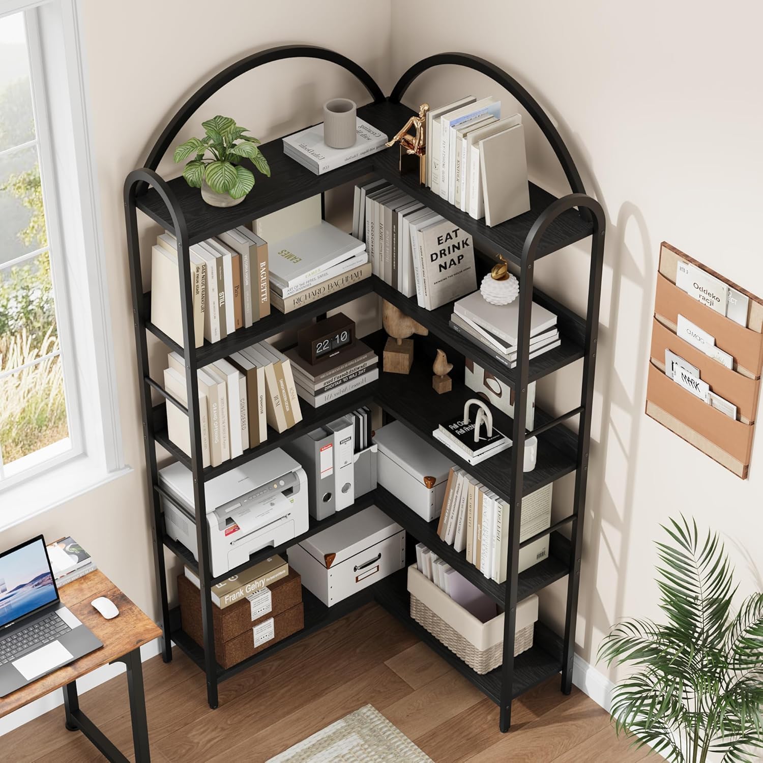 TrailBlaze 68' Tall Corner Bookshelf, 5-Tier Arched Bookshelf Bookcase with Open Shelves, Freestanding Display Shelf L Shaped Wood Corner Bookcase for Home Office, Bedroom, Living Room, Black