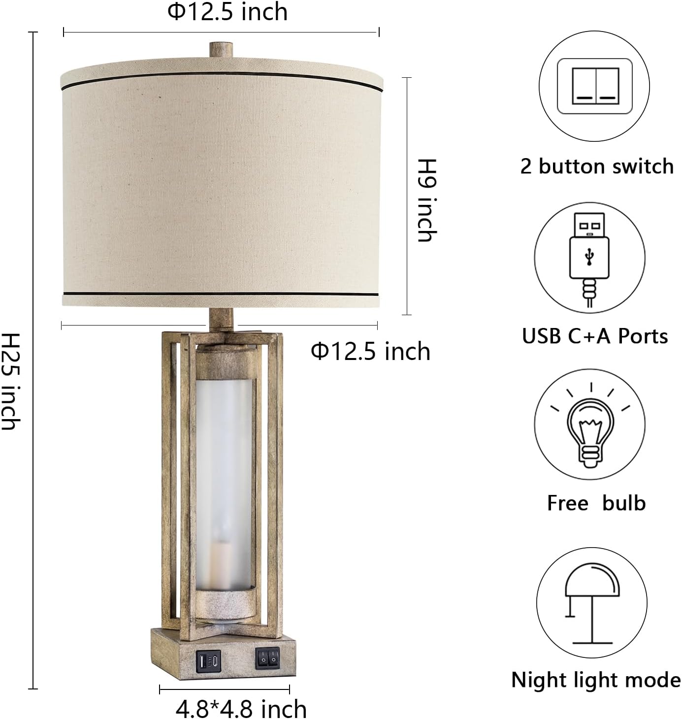 25' Set of 2 Farmhouse Table Lamps for Living Room with USB A+C Ports, Rustic Nightstand Lamp with White Night Light, Vintage Desk Lamp for Entryway Bedroom End Table, 4 Bulbs Included